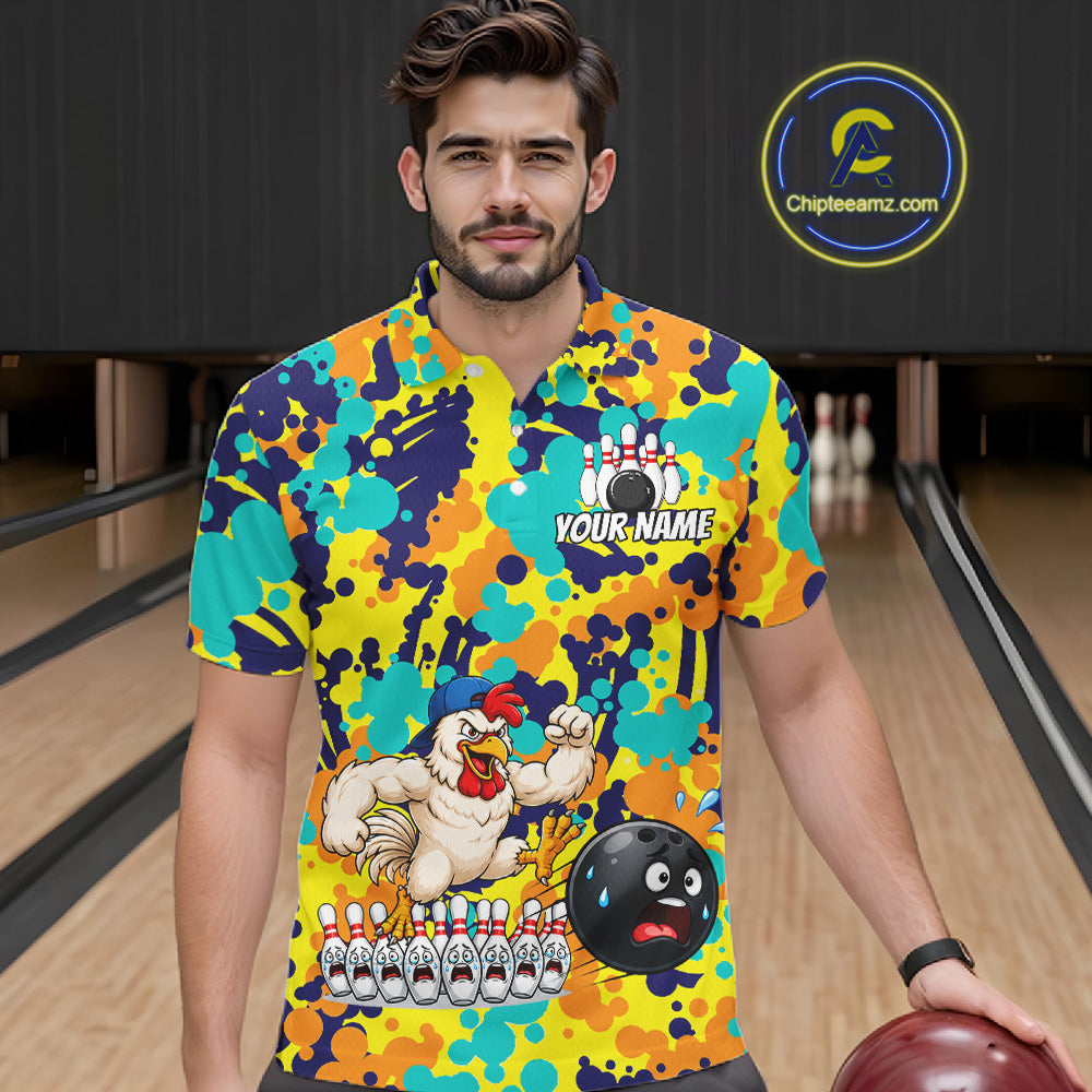 Custom Funny Rooster Dots Colorful Bowling Jersey For Men Bowling Polo & 1/4 Zip Bowling Team Shirt NYN4378