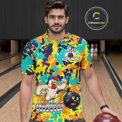 Custom Funny Rooster Dots Colorful Bowling Jersey For Men Bowling Polo & 1/4 Zip Bowling Team Shirt NYN4378
