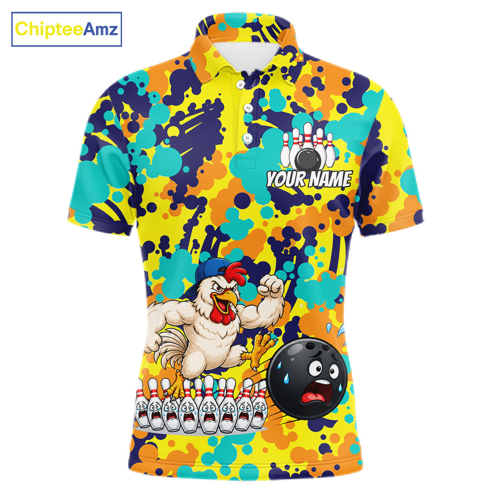 Custom Funny Rooster Dots Colorful Bowling Jersey For Men Bowling Polo & 1/4 Zip Bowling Team Shirt NYN4378