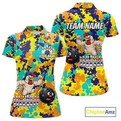 Custom Funny Rooster Dots Colorful Bowling Jersey For Women Bowling Polo & 1/4 Zip Bowling Team Shirt NYN4378