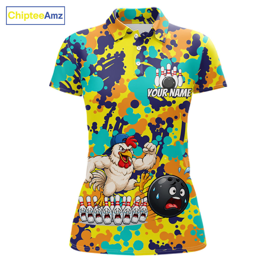Custom Funny Rooster Dots Colorful Bowling Jersey For Women Bowling Polo & 1/4 Zip Bowling Team Shirt NYN4378