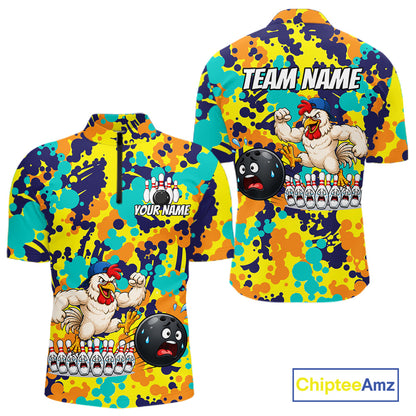 Custom Funny Rooster Dots Colorful Bowling Jersey For Men Bowling Polo & 1/4 Zip Bowling Team Shirt NYN4378