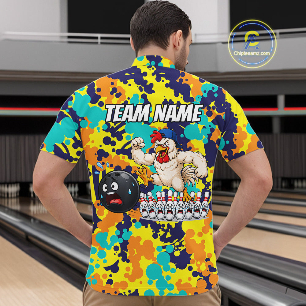 Custom Funny Rooster Dots Colorful Bowling Jersey For Men Bowling Polo & 1/4 Zip Bowling Team Shirt NYN4378