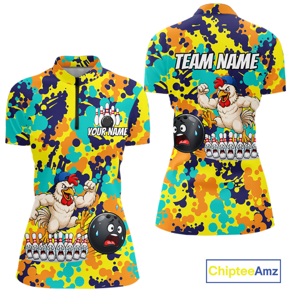 Custom Funny Rooster Dots Colorful Bowling Jersey For Women Bowling Polo & 1/4 Zip Bowling Team Shirt NYN4378
