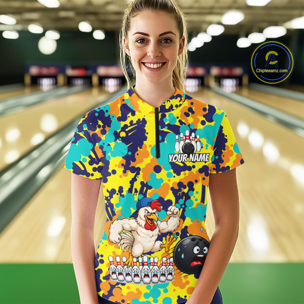 Custom Funny Rooster Dots Colorful Bowling Jersey For Women Bowling Polo & 1/4 Zip Bowling Team Shirt NYN4378