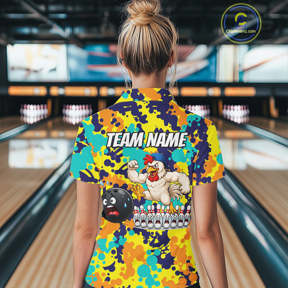 Custom Funny Rooster Dots Colorful Bowling Jersey For Women Bowling Polo & 1/4 Zip Bowling Team Shirt NYN4378