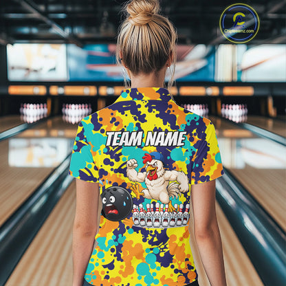 Custom Funny Rooster Dots Colorful Bowling Jersey For Women Bowling Polo & 1/4 Zip Bowling Team Shirt NYN4378