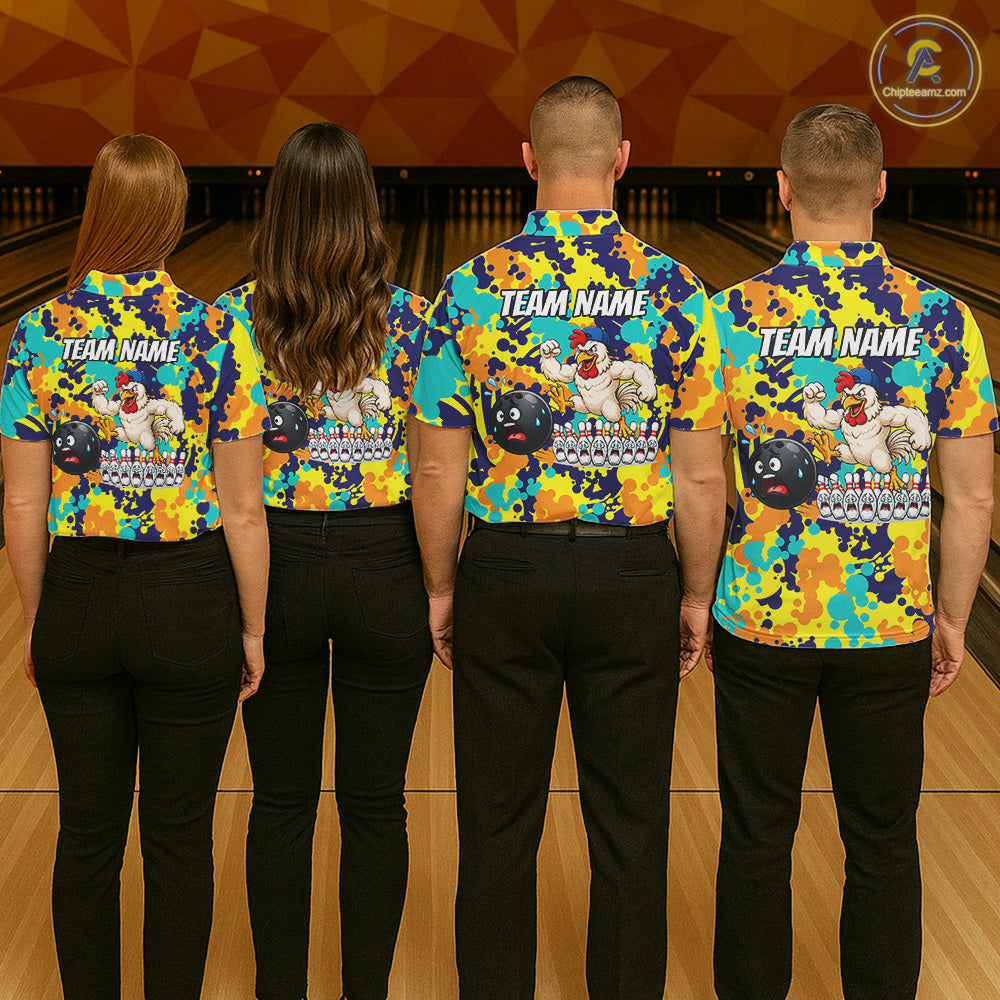 Custom Funny Rooster Dots Colorful Bowling Jersey For Men Bowling Polo & 1/4 Zip Bowling Team Shirt NYN4378