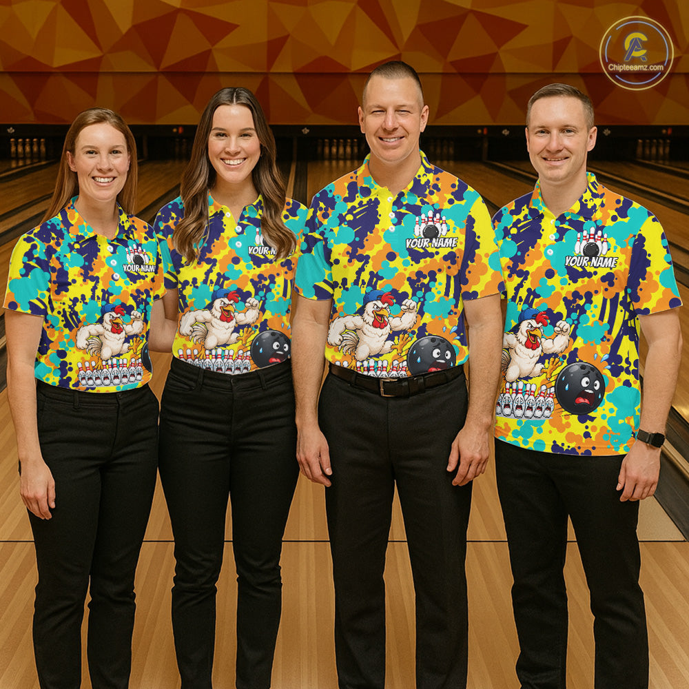 Custom Funny Rooster Dots Colorful Bowling Jersey For Men Bowling Polo & 1/4 Zip Bowling Team Shirt NYN4378
