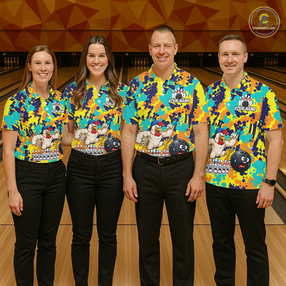 Custom Funny Rooster Dots Colorful Bowling Jersey For Men Bowling Polo & 1/4 Zip Bowling Team Shirt NYN4378