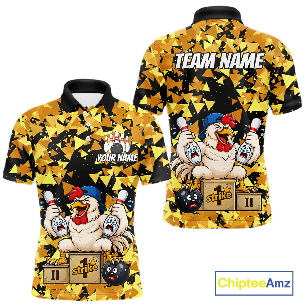 Custom Winner Rooster Gold Geometric Bowling Shirt For Men Funny Bowling Polo & 1/4 Zip Bowling Team Shirt NYN4379