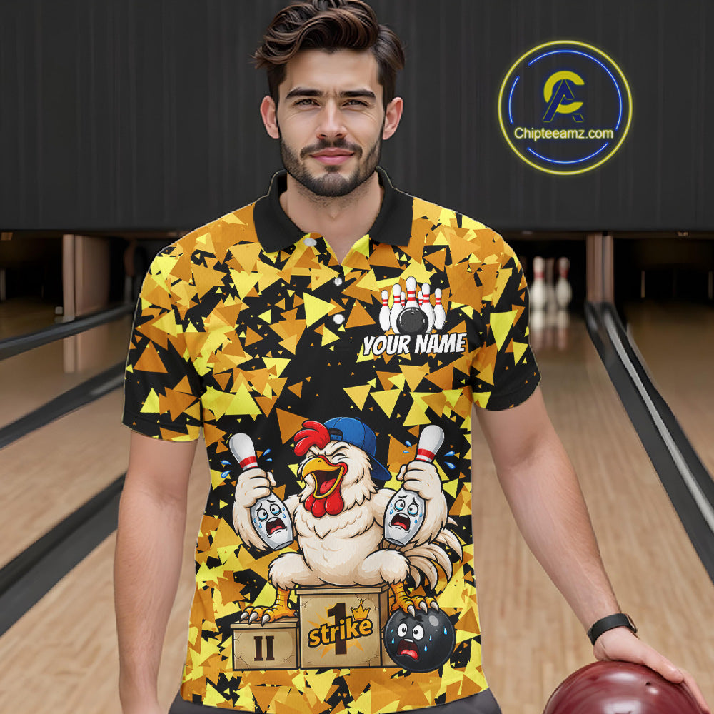 Custom Winner Rooster Gold Geometric Bowling Shirt For Men Funny Bowling Polo & 1/4 Zip Bowling Team Shirt NYN4379
