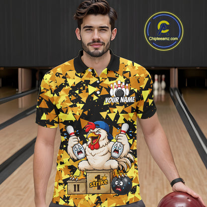 Custom Winner Rooster Gold Geometric Bowling Shirt For Men Funny Bowling Polo & 1/4 Zip Bowling Team Shirt NYN4379