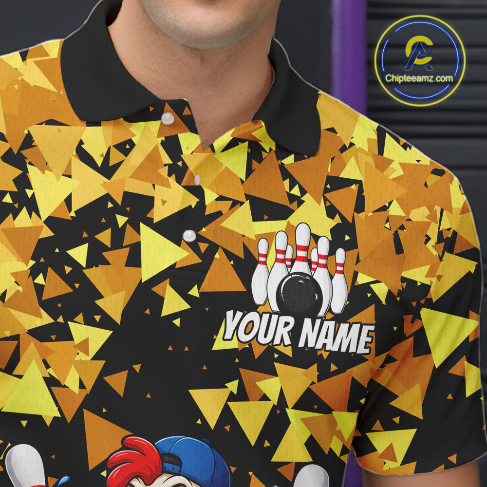 Custom Winner Rooster Gold Geometric Bowling Shirt For Men Funny Bowling Polo & 1/4 Zip Bowling Team Shirt NYN4379