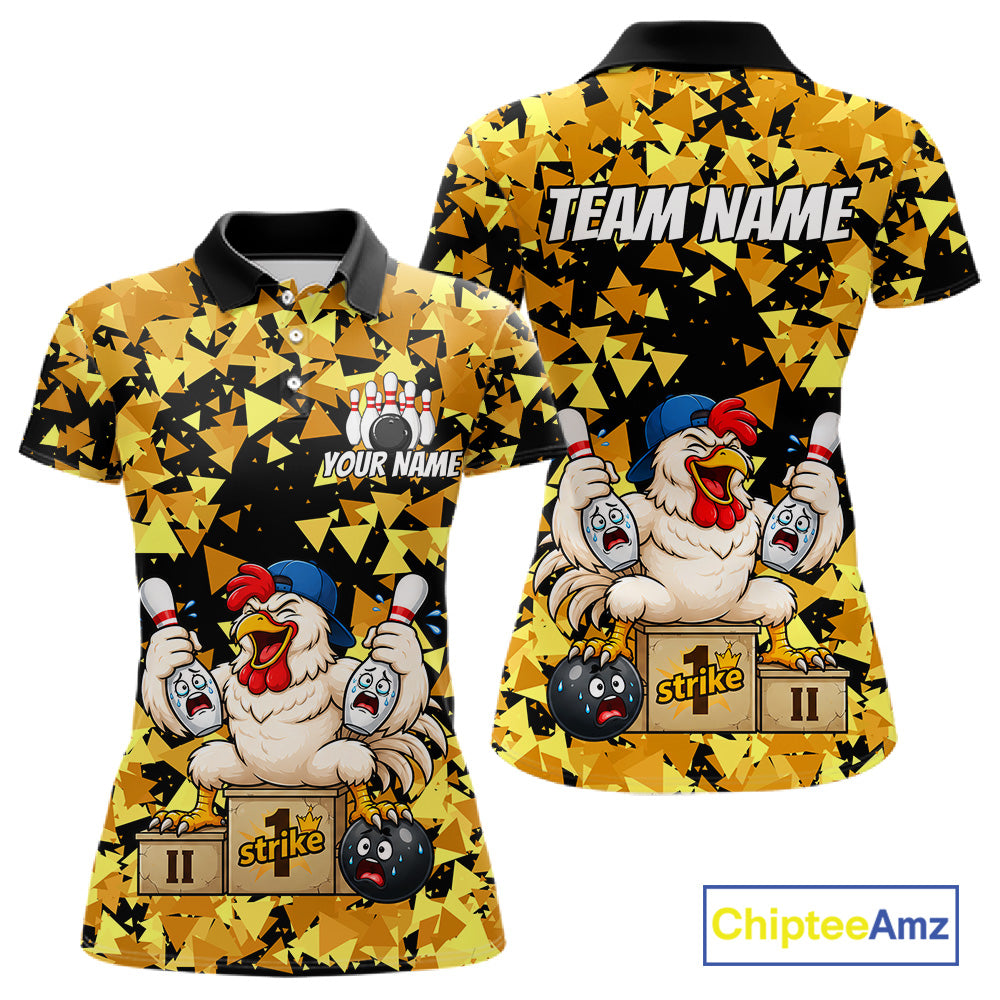 Custom Winner Rooster Gold Geometric Bowling Shirt For Women Funny Bowling Polo & 1/4 Zip Bowling Team Shirt NYN4379