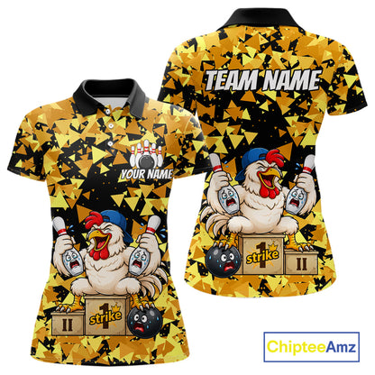 Custom Winner Rooster Gold Geometric Bowling Shirt For Women Funny Bowling Polo & 1/4 Zip Bowling Team Shirt NYN4379