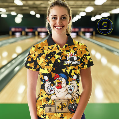 Custom Winner Rooster Gold Geometric Bowling Shirt For Women Funny Bowling Polo & 1/4 Zip Bowling Team Shirt NYN4379
