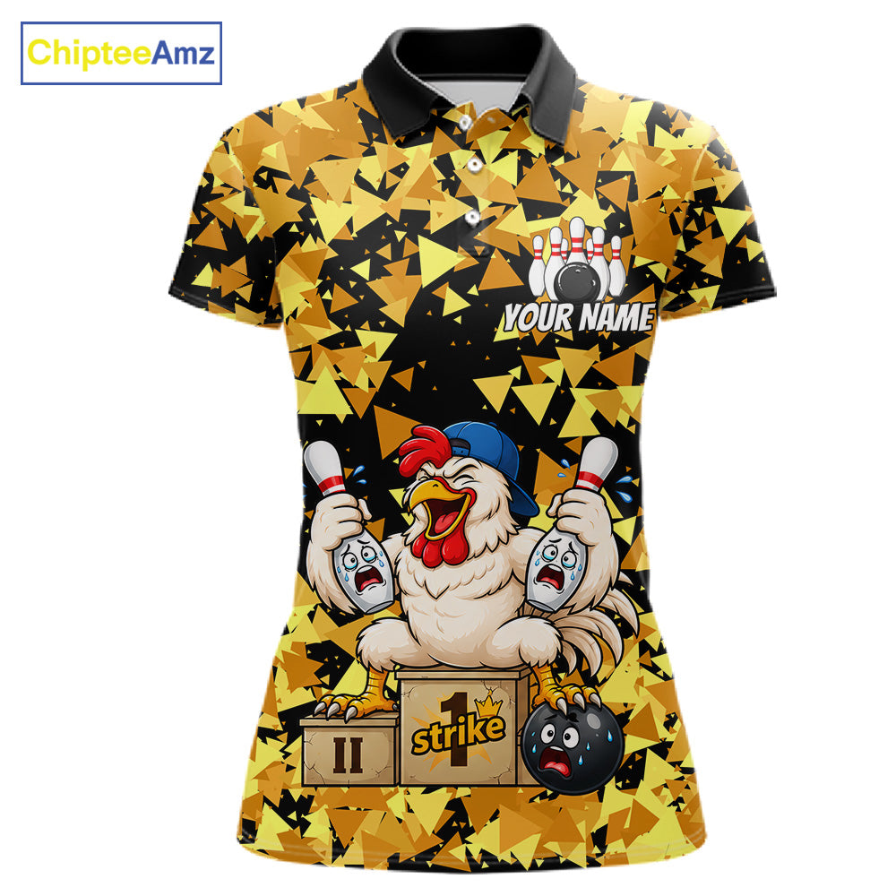 Custom Winner Rooster Gold Geometric Bowling Shirt For Women Funny Bowling Polo & 1/4 Zip Bowling Team Shirt NYN4379