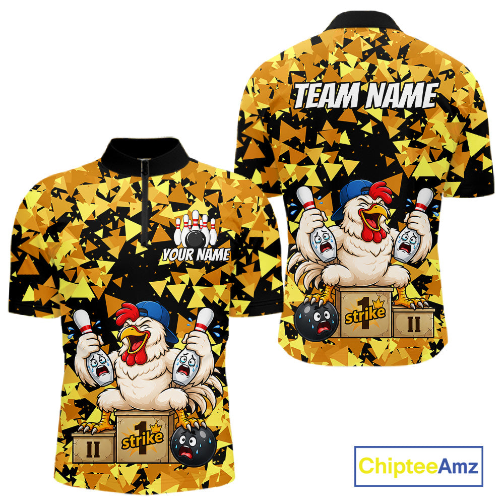 Custom Winner Rooster Gold Geometric Bowling Shirt For Men Funny Bowling Polo & 1/4 Zip Bowling Team Shirt NYN4379