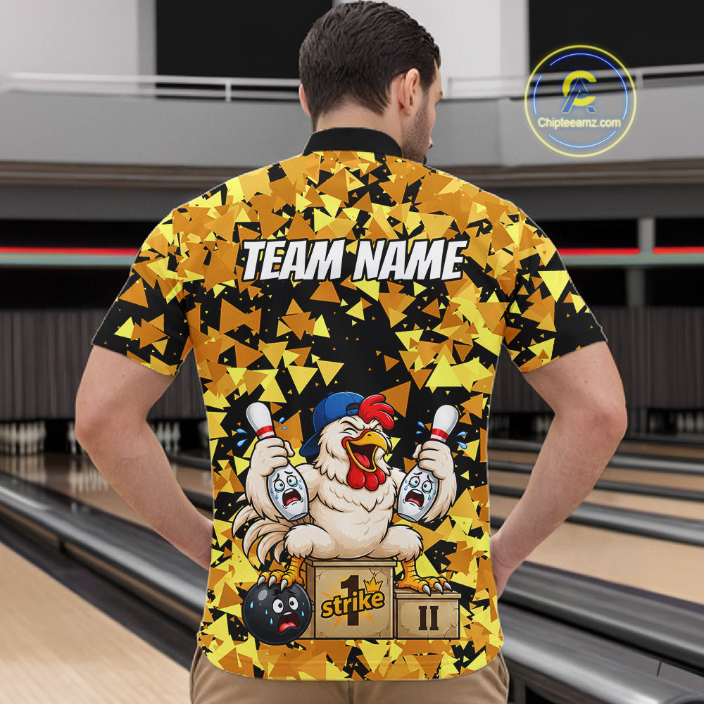 Custom Winner Rooster Gold Geometric Bowling Shirt For Men Funny Bowling Polo & 1/4 Zip Bowling Team Shirt NYN4379