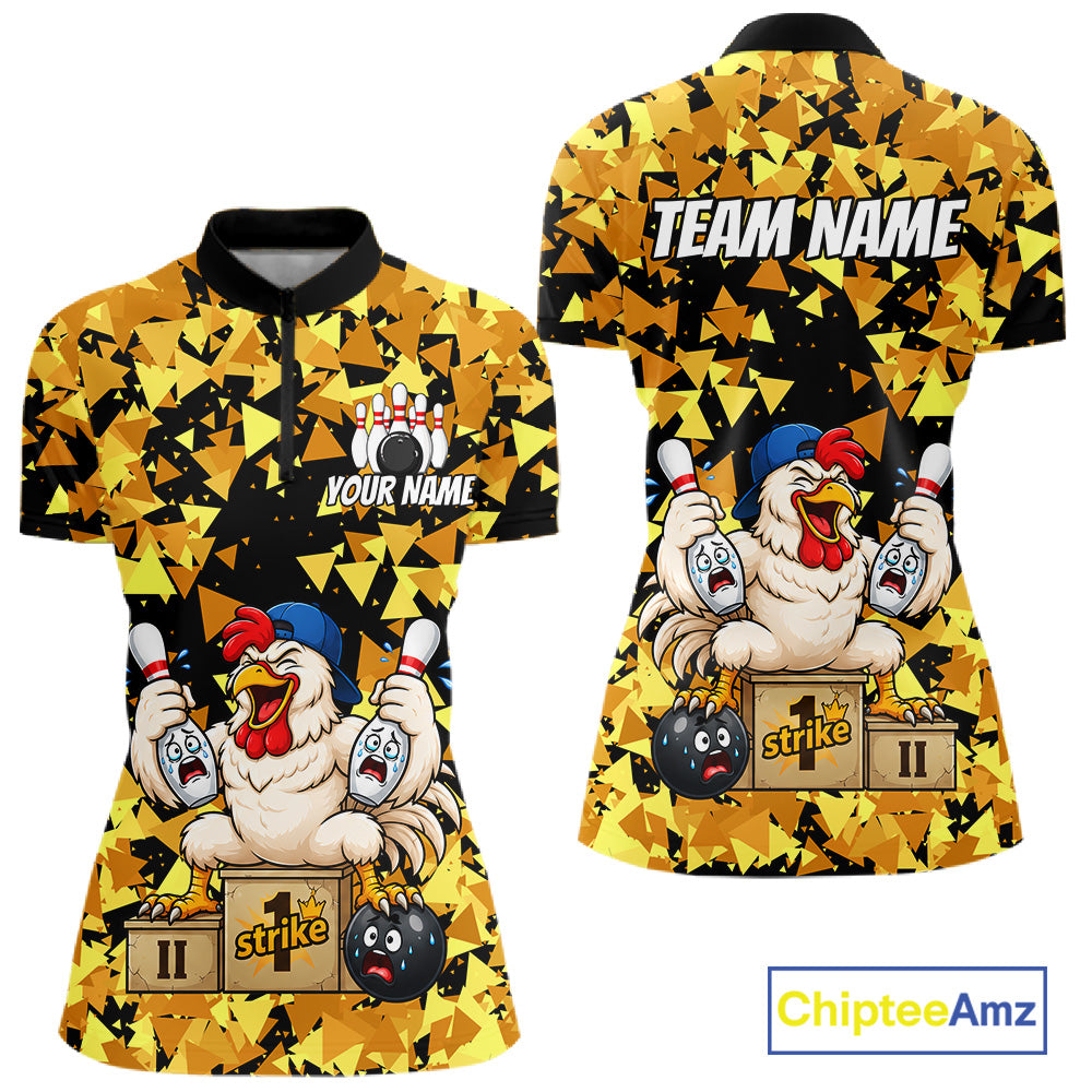 Custom Winner Rooster Gold Geometric Bowling Shirt For Women Funny Bowling Polo & 1/4 Zip Bowling Team Shirt NYN4379
