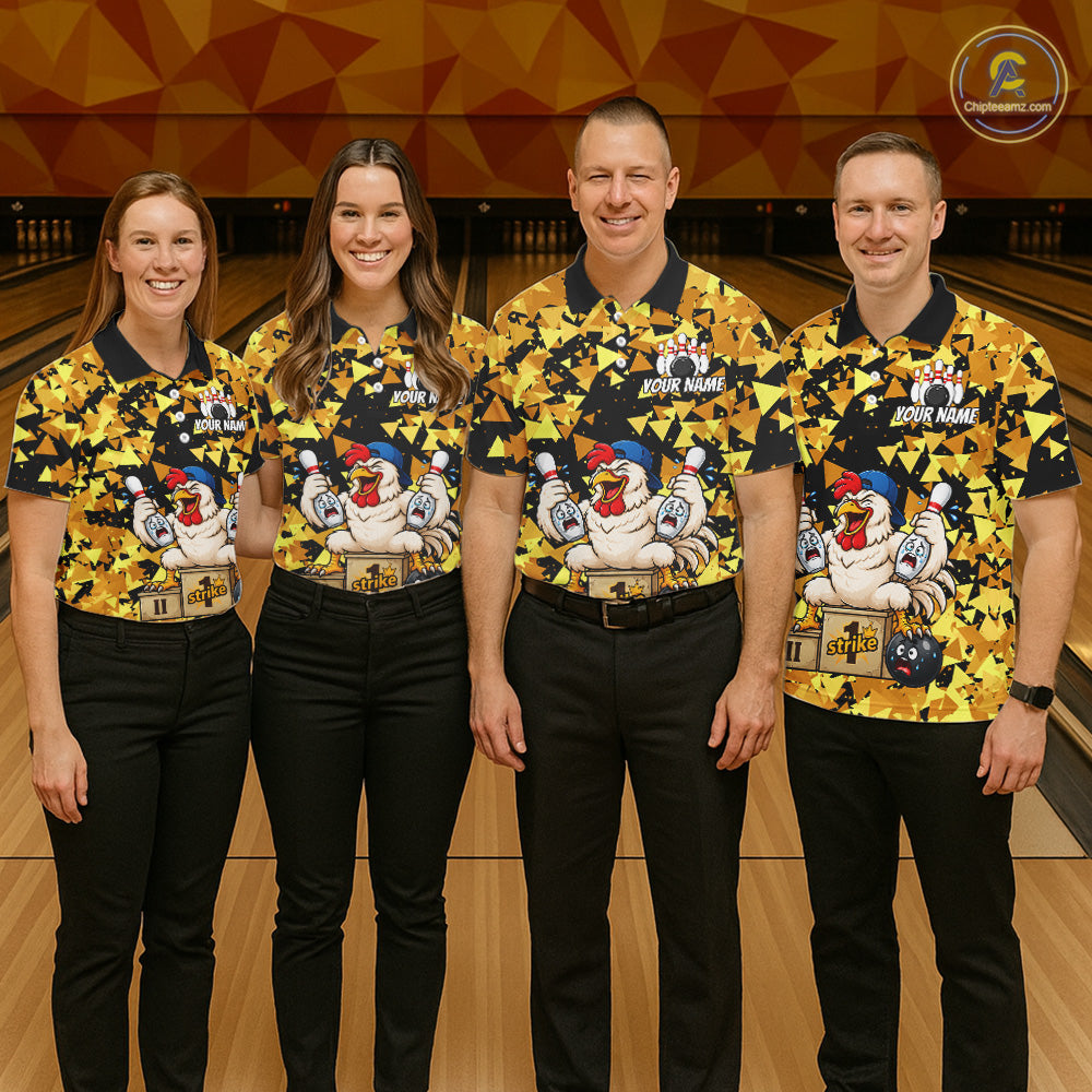 Custom Winner Rooster Gold Geometric Bowling Shirt For Men Funny Bowling Polo & 1/4 Zip Bowling Team Shirt NYN4379