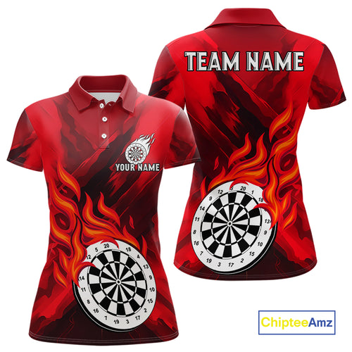 Custom Red Flaming White Dartboard Dart Polo Shirt For Women Outfits Dart Jerseys NYN1609