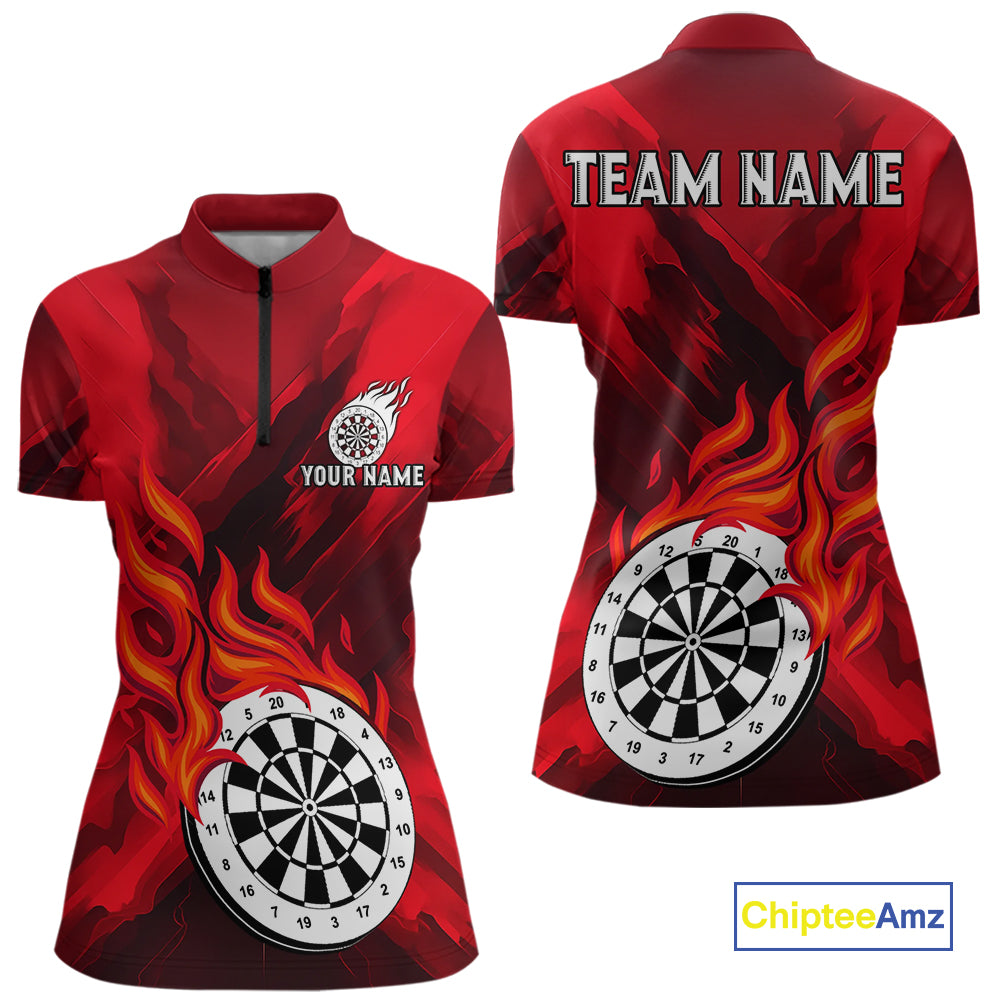 Custom Red Flaming White Dartboard Dart Quarter-Zip Shirt For Women Outfits Dart Jerseys NYN1609