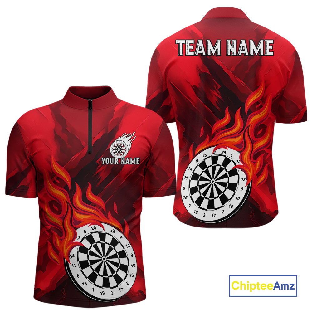 Custom Red Flaming White Dartboard Dart Quarter-Zip Shirt For Men Outfits Dart Jerseys NYN1609
