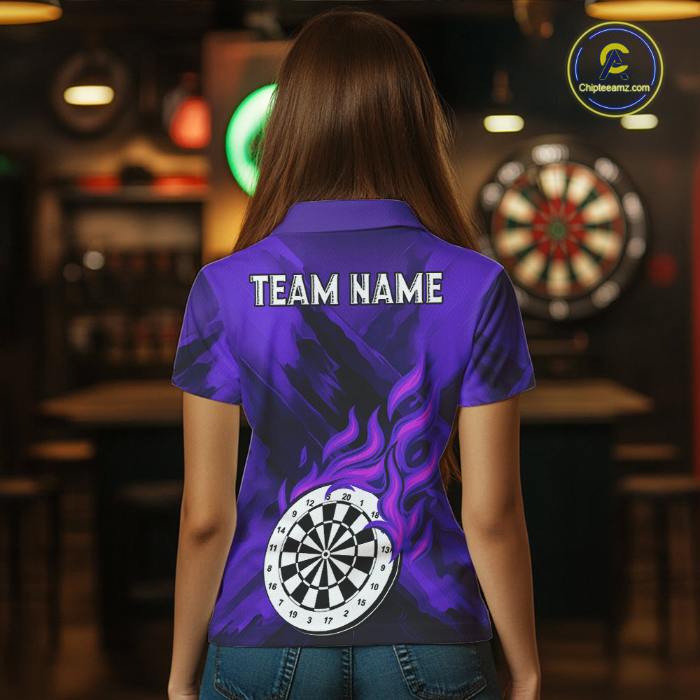 Custom Purple Flaming White Dartboard Dart Polo Shirt For Women  Outfits Dart Jerseys NYN1610