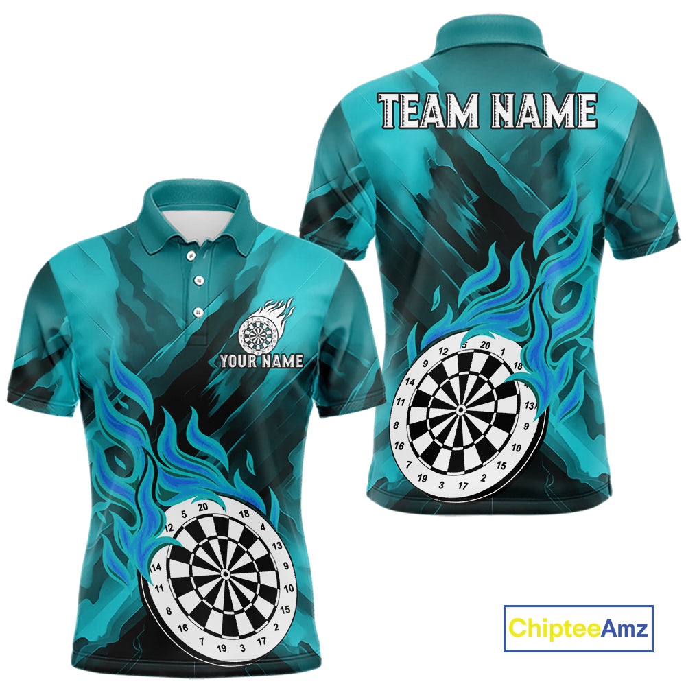Custom Turquoise Flaming White Dartboard Dart Polo Shirt For Men Outfits Dart Jerseys NYN1611