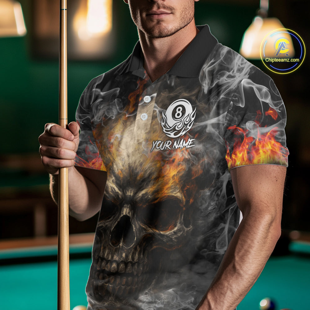 Fire Flame Skull Balls Billiard Shirt For Men Custom Smoke Ball 8 Pool Billiard Team Shirts NYN2414