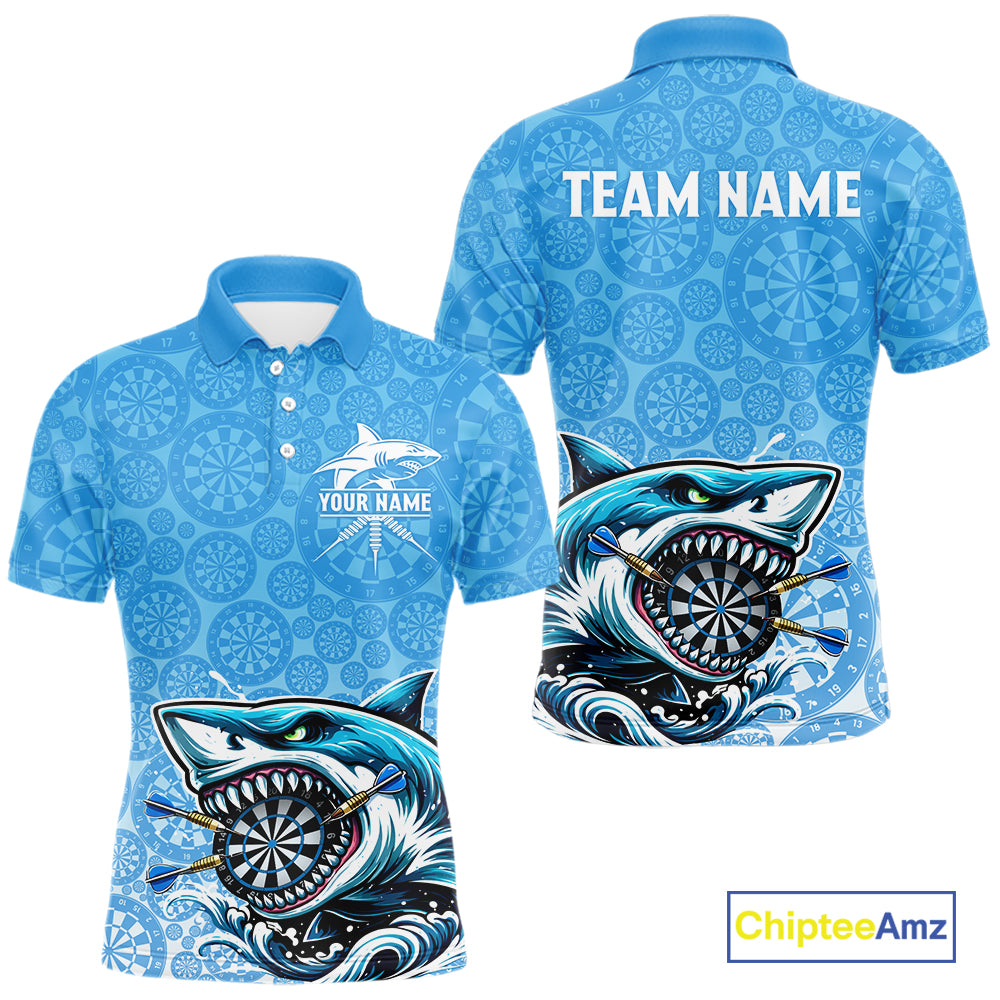 Blue Ferocious Shark Dartboard & Arrow Men Darts Polo Shirt Custom Funny Dart League Shirt NYN2647
