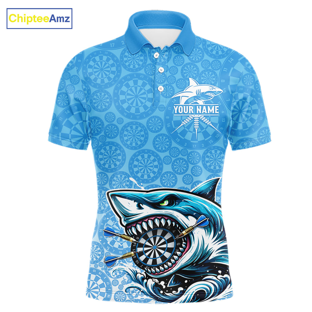 Blue Ferocious Shark Dartboard & Arrow Men Darts Polo Shirt Custom Funny Dart League Shirt NYN2647