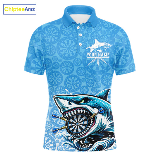 Blue Ferocious Shark Dartboard & Arrow Men Darts Polo Shirt Custom Funny Dart League Shirt NYN2647