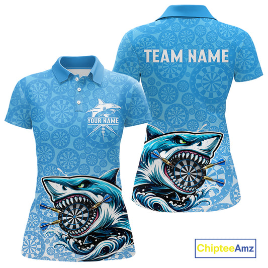 Blue Ferocious Shark Dartboard & Arrow Women Darts Polo Shirt Custom Funny Dart League Shirt NYN2647