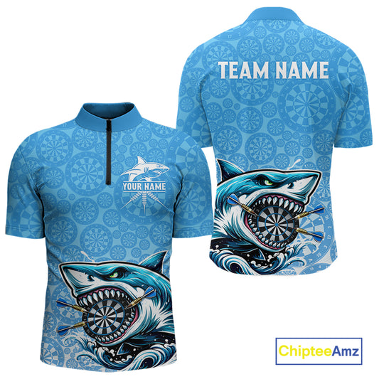 Blue Ferocious Shark Dartboard & Arrow Men Darts 1/4-Zip Shirt Custom Funny Dart League Shirt NYN2647