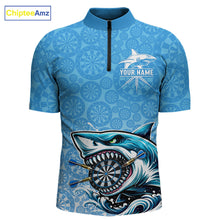 Load image into Gallery viewer, Blue Ferocious Shark Dartboard &amp; Arrow Men Darts 1/4-Zip Shirt Custom Funny Dart League Shirt NYN2647