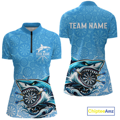 Blue Ferocious Shark Dartboard & Arrow Women Darts 1/4-Zip Shirt Custom Funny Dart League Shirt NYN2647