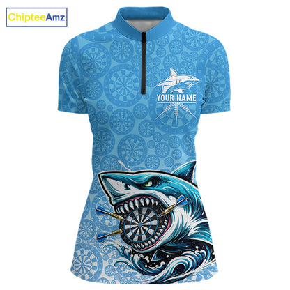 Blue Ferocious Shark Dartboard & Arrow Women Darts 1/4-Zip Shirt Custom Funny Dart League Shirt NYN2647