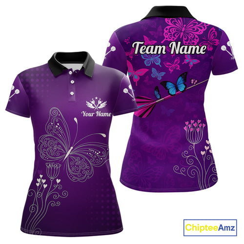 Purple Butterflies Dart Arrow Women's Darts Shirt - Custom Name For Darts Jersey NYN0476