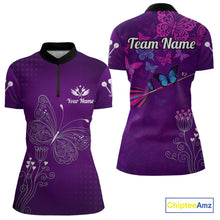 Load image into Gallery viewer, Purple Butterflies Dart Arrow Women&#39;s Darts Shirt - Custom Name For Darts Jersey NYN0476