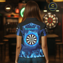 Load image into Gallery viewer, Blue Flaming Dartboard Women&#39;s Flaming Darts Shirt - Custom Name For Darts Jersey NYN0481