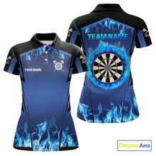 Load image into Gallery viewer, Blue Flaming Dartboard Women&#39;s Flaming Darts Shirt - Custom Name For Darts Jersey NYN0481