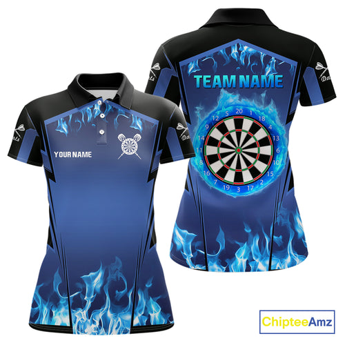 Blue Flaming Dartboard Women's Flaming Darts Shirt - Custom Name For Darts Jersey NYN0481