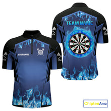 Load image into Gallery viewer, Blue Flaming Dartboard Men's Flaming Darts Shirt - Custom Name For Darts Jersey NYN0481