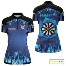 Load image into Gallery viewer, Blue Flaming Dartboard Women&#39;s Flaming Darts Shirt - Custom Name For Darts Jersey NYN0481