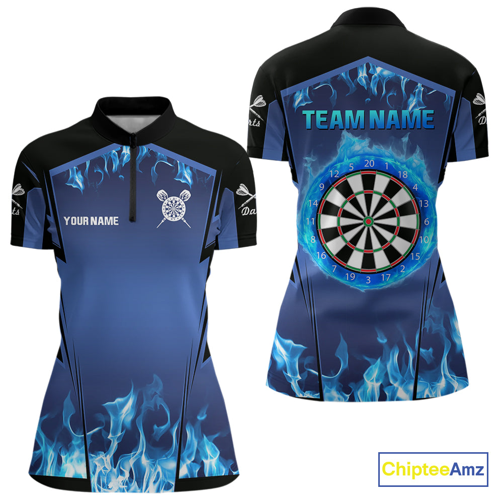 Blue Flaming Dartboard Women's Flaming Darts Shirt - Custom Name For Darts Jersey NYN0481