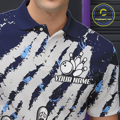 Blue And White Grunge Funny Bowling Ball & Pins Shirts Custom Team Bowling Jerseys For Men NYN3445
