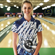 Load image into Gallery viewer, Blue And White Grunge Funny Bowling Ball &amp; Pins Shirts Custom Team Bowling Jerseys For Women NYN3445